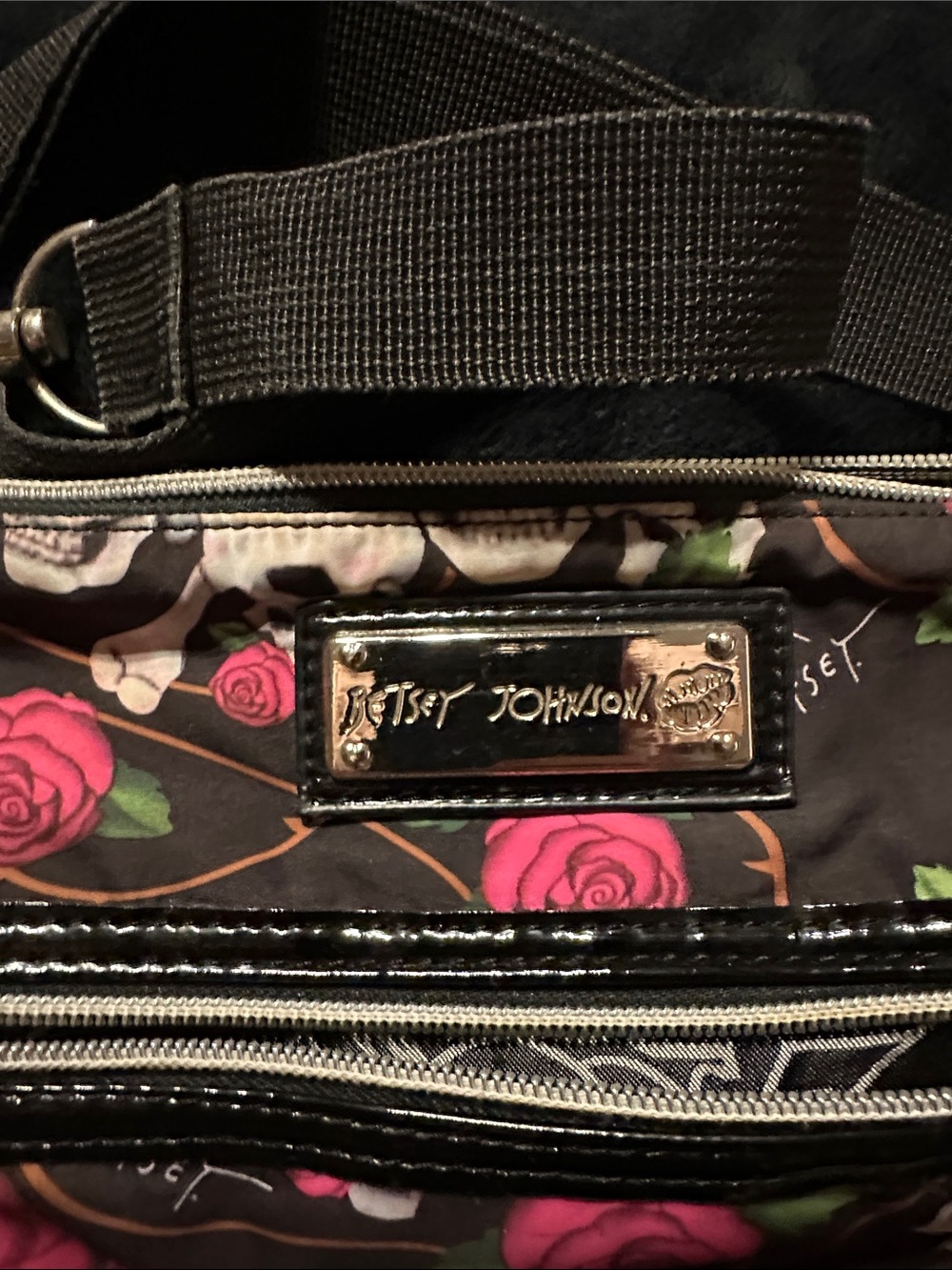 Betsey Johnson Black Crossbody Bag with Pink Rose & Skull Motif - Picture 2 of 5